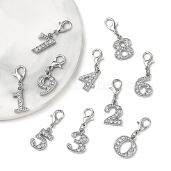 10Pcs 10 Styles Number 0~9 Alloy Rhinestone Pendant Decorations&nbsp;HJEW-YW00549