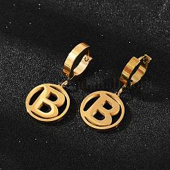 Flat Round with Letter B 304 Stainless Steel Pendant Necklaces & Hoop Earring Jewelry Sets&nbsp;SJEW-L177-08G