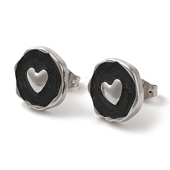 304 Stainless Steel Flat Round with Heart Stud Earrings&nbsp;EJEW-C114-15P-01