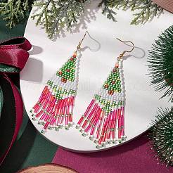 Christmas Tree Glass Seed Beaded Tassel Dangle Earrings for Women&nbsp;EJEW-MZ00207