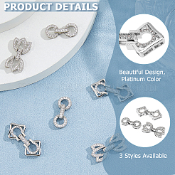 6Pcs 3 Styles Rack Plating Brass Micro Pave Clear Cubic Zirconia Fold Over Clasps&nbsp;KK-HS0001-02P