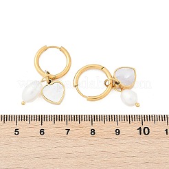304 Stainless Steel & Natural Pearl & Natural Shell Hoop Earrings&nbsp;EJEW-M070-14G
