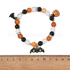 Halloween Alloy Enamel Witch Hat Bat Pumpkin Charm Natural Black Onyx(Dyed & Heated) & Carnelian & Quartz Crystal Round Stretch Bracelets&nbsp;BJEW-TA00757