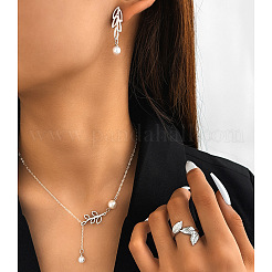 Leaf 304 Stainless Steel with Plastic Pearl Pendant Necklaces & Stud Dangle Earrings & Rings Sets&nbsp;FS-WGEF780-02