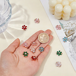 12Pcs 6 Colors Brass Pave Cubic Zirconia and Glass Flower Links Connector Charms&nbsp;KK-FH0008-41