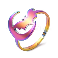 Ion Plating(IP) 304 Stainless Steel Moon with Bat Adjustable Ring for Women&nbsp;RJEW-M149-04RC