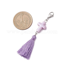 4Pcs Polyester Tassel  & Handmade Porcelain Cross Pendant Decorations&nbsp;HJEW-TA00427