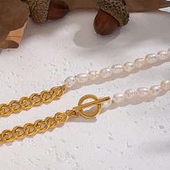 304 Stainless Steel Cuban Link Chain Natural Freshwater Pearl Rice Beaded OT Necklaces for Women&nbsp;SU5671