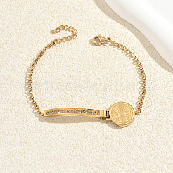 201 Stainless Steel Crystal Rhinestone Arc Bar Saint Benedict Medal Link Bracelets for Women&nbsp;RJ1740