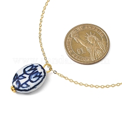 Handmade Porcelain White and Blue Floral Oval Pendant Brass Cable Chain Necklaces for Women&nbsp;NJEW-JN05675