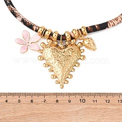 304 Stainless Steel Enamel Pink Flower Heart Pendant Leopard Print Polyester Cord Necklaces for Women&nbsp;NJEW-F352-04G