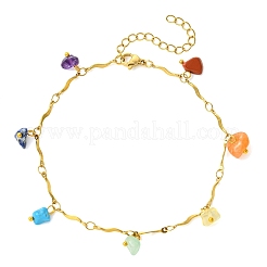 7 Chakra Gemstone Chip Charm 304 Stainless Steel Wavy Bar Link Chain Anklets for Women&nbsp;AJEW-AN00884