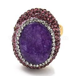 Natural Dyed Jade Oval Adjustable Ring with Rhinestone&nbsp;RJEW-D005-02G
