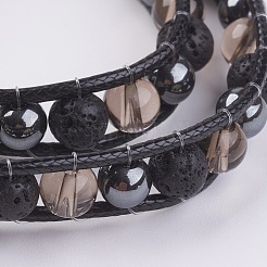 Natural Lava Rock and Smoky Quartz and Hematite Beads Wrap Bracelet&nbsp;BJEW-JB03611-02