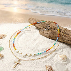 Summer Beach Rainbow Natural Stone and Heart Shell Beaded Stainless Steel Chain Double Layer Necklaces&nbsp;GB7102-1