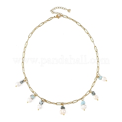 Natural Larimar Chip and Pearl Tassel 304 Stainless Steel Paperclip Chain Necklaces for Women&nbsp;NJEW-JN06528-02