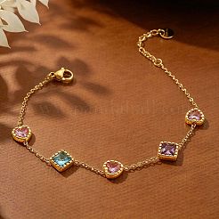 304 Stainless Steel Pave Colorful Cubic Zirconia Rhombus Heart Link Bracelets for Women&nbsp;WG7C819-01