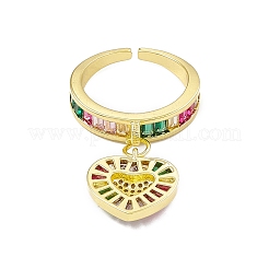 Colorful Cubic Zirconia Heart Charms Open Cuff Ring&nbsp;RJEW-I091-10G