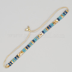 Vintage Ethnic Style Adjustable Glass Tila Beaded Handmade Slider Bracelets for Women, Deep Sky Blue, 11.02 inch(28cm)