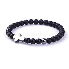 Natural Frosted Black Stone & Synthetic Non-magnetic Hematite Beads Stretch Bracelets for Women Men, Round & Cross, 7.09 inch(18cm)