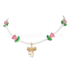 Alloy Bowknot Pendant Tulip Flower Glass Seed Beaded Necklaces for Women&nbsp;NJEW-MZ00148