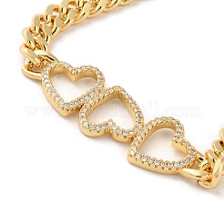 Brass Micro Pave Clear Cubic Zirconia Triple Hollow Heart Cuban Link Chains Bracelets for Women&nbsp;BJEW-M322-05G-A