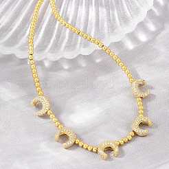 Brass Micro Pave Clear Cubic Zirconia Double Horn and Round Beaded Necklaces&nbsp;KK-CBA4547-06G