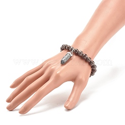 Natural Snowflake Obsidian Round Beaded Stretch Bracelet with Bullet Shape Charm&nbsp;BJEW-JB08310-04