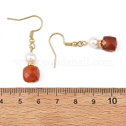 Natural Carnelian with Round Shell Pearl Beads Cube Dangle Earrings&nbsp;EJEW-JE07522