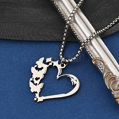 201 Stainless Steel Laser Cut Heart Butterfly Pendant Box Chain Necklaces for Women&nbsp;NJEW-Q004-06P