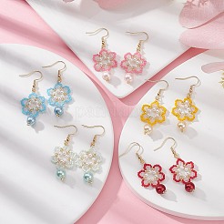 Glass Seed & Shell Pearl & Acrylic Braided Flower Dangle Earrings&nbsp;EJEW-MZ00071