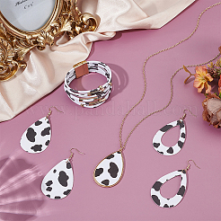 Leopard Teardrop PU Leather Pendant Necklaces & Bracelets & Dangle Earrings Sets&nbsp;SJEW-WH0007-07A