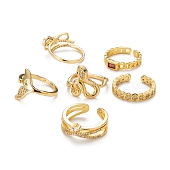 6Pcs 6 Styles Adjustable Brass Micro Pave Clear Cubic Zirconia Cuff Rings&nbsp;RJEW-LS0001-21G