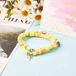 5Pcs 5 Style Handmade Polymer Clay Stretch & Brass Beaded & Alloy Link Chain Bracelets Set&nbsp;BJEW-SZ0001-66B