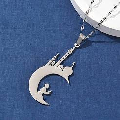 201 Stainless Steel Hollow Moon with Castle and Prayer Pendant Necklaces for Ramadan & Eid Mubarak&nbsp;NJEW-D318-05P