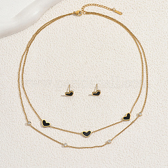 Korean Style Stainless Steel Shell Heart Double Layer Necklace & Stud Earrings Sets&nbsp;ZA8434