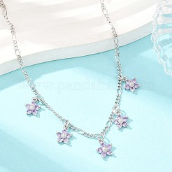 Brass Pave Lilac Cubic Zirconia Flower Pendant Figaro Chain Bib Necklaces for Women&nbsp;NJEW-F364-01P