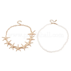 Ocean Imitation Pearl Beaded Alloy Starfish Bib Necklace Sets&nbsp;NJEW-Z116-03G