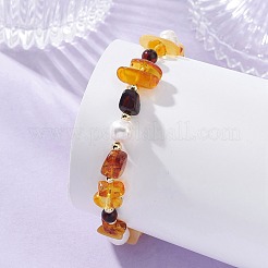 Natural Amber & Cultured Freshwater Pearl & Brass Beaded Bracelets for Women&nbsp;BJEW-JB13660