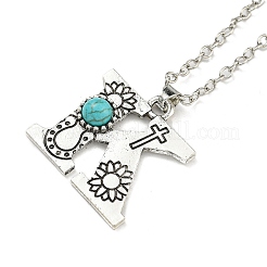 Letter A~Z Antique Silver Plated Alloy with Synthetic Turquoise Pendant Necklaces&nbsp;NJEW-G080-01K