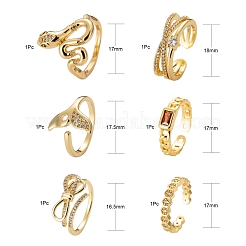 6Pcs 6 Styles Adjustable Brass Micro Pave Clear Cubic Zirconia Cuff Rings&nbsp;RJEW-LS0001-21G