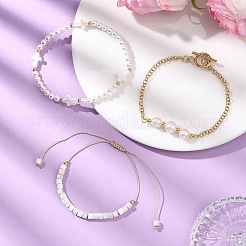 3Pcs 3 Styles Shell Pearl Beaded Stretch Bracelets & Brass Rolo Chains Bracelets & Natural Cultured Freshwater Pearl Beaded Braided Bead Bracelets for Women&nbsp;BJEW-JB12786