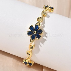 Brass Micro Pave Cubic Zirconia Flower & Leaf Link Chain Bracelets for Women&nbsp;BJEW-G764-03G