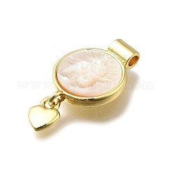 Brass Pave Natural White Shell Flat Round with Heart Pendants&nbsp;KK-C090-37G-07