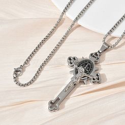 Religion 201 Stainless Steel Enamel Saint Benedict Crucifix Cross Pendant 304 Stainless Steel Box Chain Necklaces&nbsp;SA-CBA3211-03P