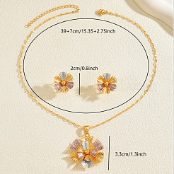 Vintage Brass Flower Stud Earrings & Pendant Necklaces Sets for Women&nbsp;FI9595