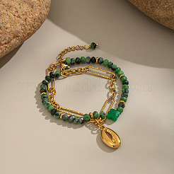 Natural Green Aventurine Beaded & 304 Stainless Steel Figaro Chains Double Layer Bracelets&nbsp;CN7232