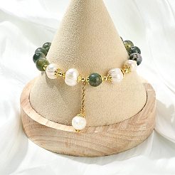 Natural Moss Agate & Natural Pearl Bead Charm Bracelets&nbsp;BJEW-JB14141-01