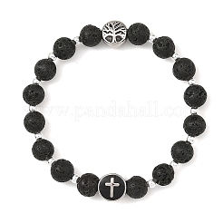 Natural Lava Rock Round Beaded Stretch Bracelets with 304 Stainless Steel Cross Tree of Life for Women&nbsp;BJEW-JB14251