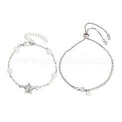 Brass Pave Clear AB Cubic Zirconia Bowknot Star Link Bracelet Sets for Women&nbsp;KK-CBA6599-03P